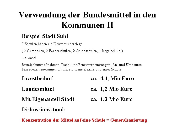 Verwendung der Bundesmittel in den Kommunen II Beispiel Stadt Suhl 7 Schulen haben ein