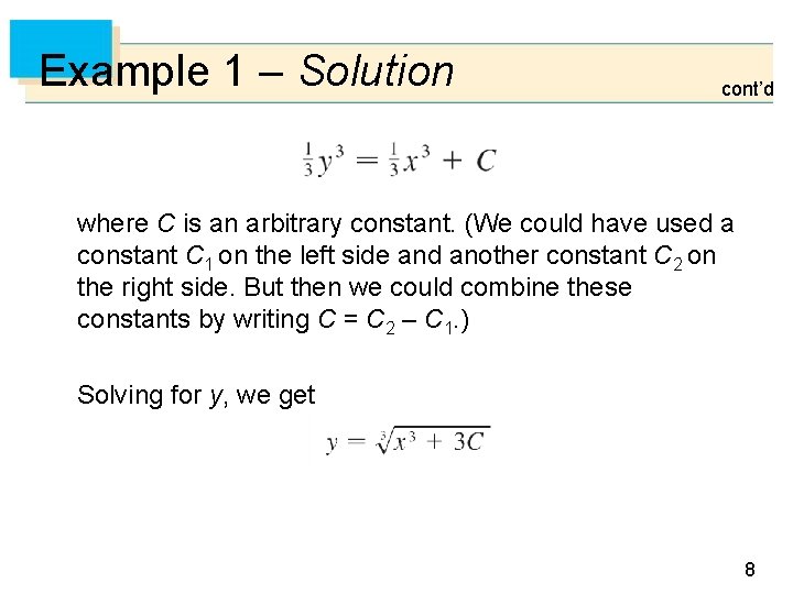 Example 1 – Solution cont’d where C is an arbitrary constant. (We could have