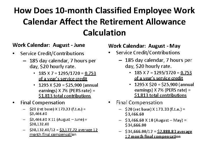 How Does 10 -month Classified Employee Work Calendar Affect the Retirement Allowance Calculation Work