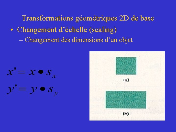 Transformations géométriques 2 D de base • Changement d’échelle (scaling) – Changement des dimensions