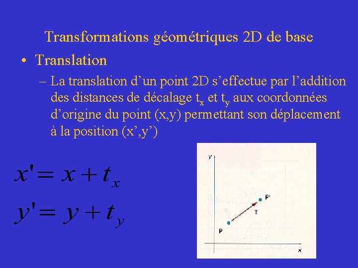 Transformations géométriques 2 D de base • Translation – La translation d’un point 2