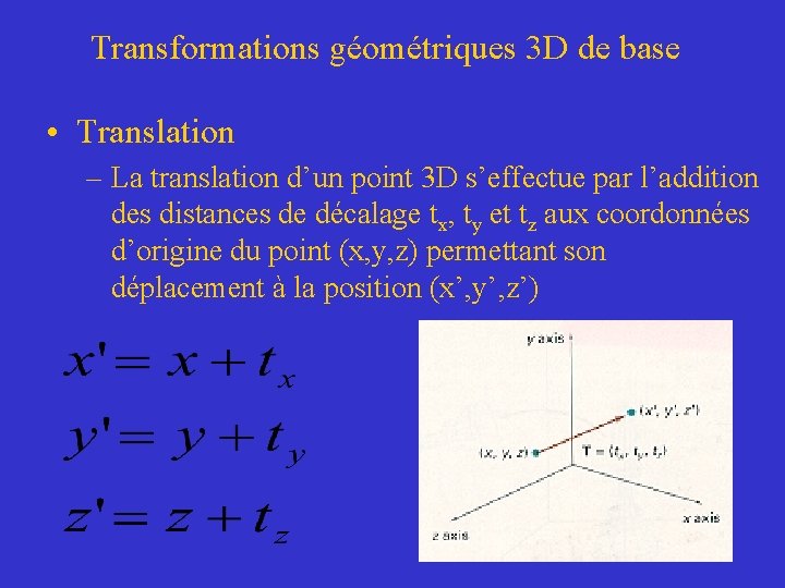 Transformations géométriques 3 D de base • Translation – La translation d’un point 3