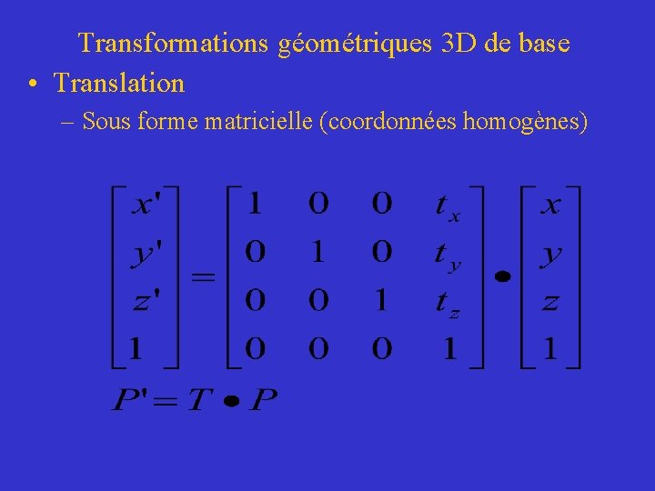 Transformations géométriques 3 D de base • Translation – Sous forme matricielle (coordonnées homogènes)