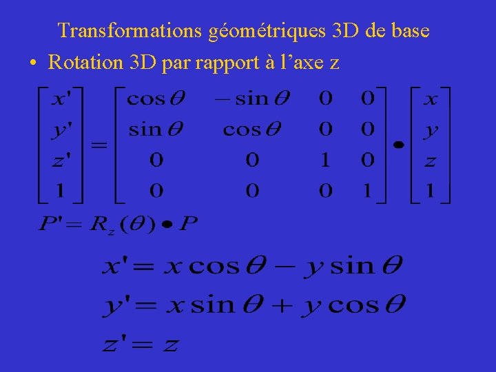 Transformations géométriques 3 D de base • Rotation 3 D par rapport à l’axe