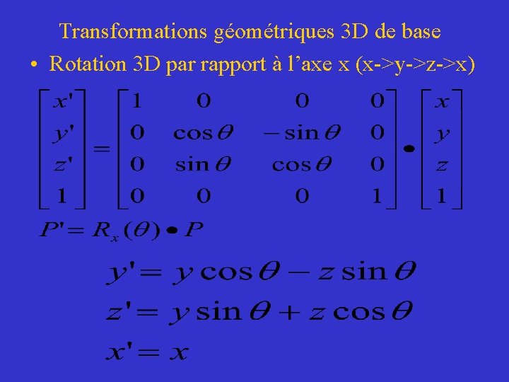 Transformations géométriques 3 D de base • Rotation 3 D par rapport à l’axe