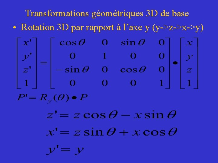 Transformations géométriques 3 D de base • Rotation 3 D par rapport à l’axe