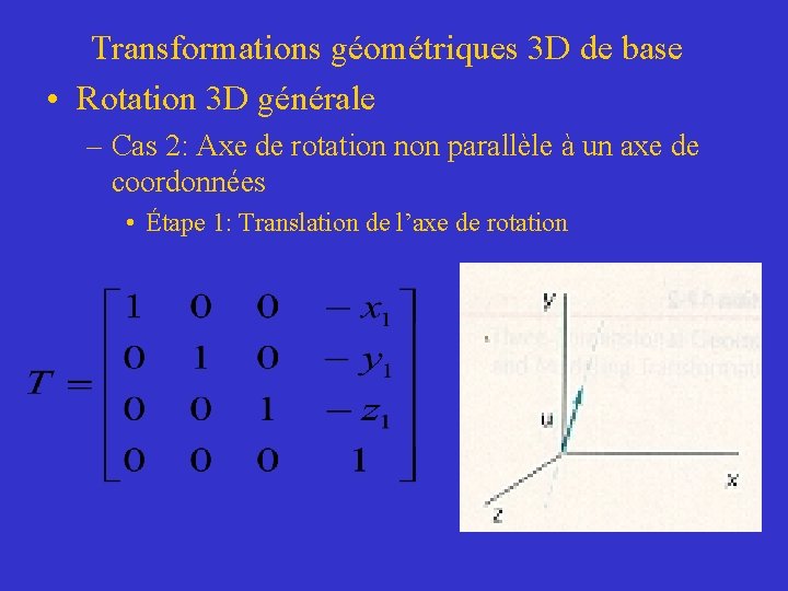 Transformations géométriques 3 D de base • Rotation 3 D générale – Cas 2: