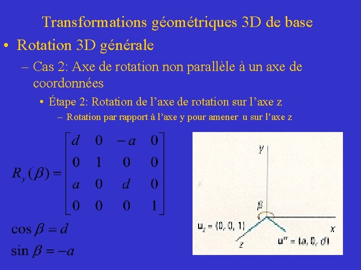 Transformations géométriques 3 D de base • Rotation 3 D générale – Cas 2: