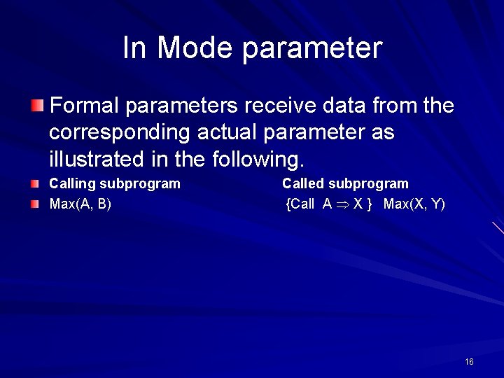 In Mode parameter Formal parameters receive data from the corresponding actual parameter as illustrated