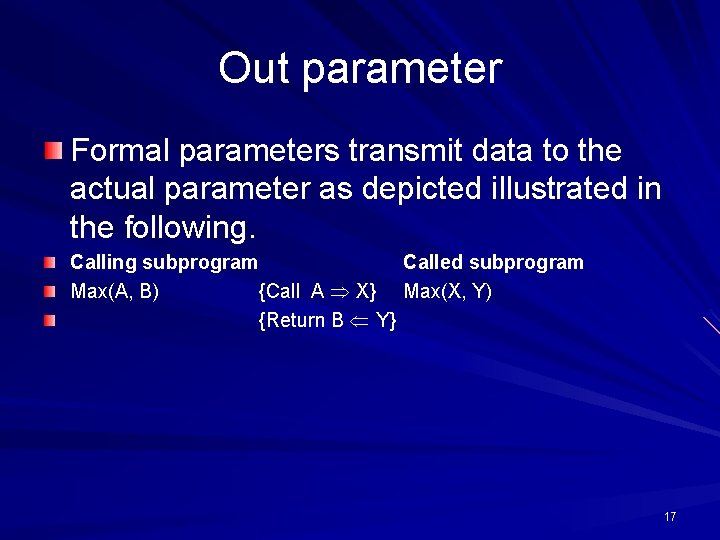 Out parameter Formal parameters transmit data to the actual parameter as depicted illustrated in