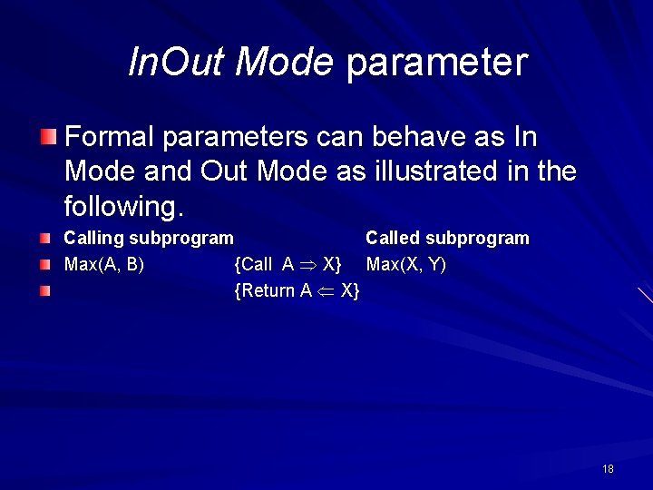 In. Out Mode parameter Formal parameters can behave as In Mode and Out Mode