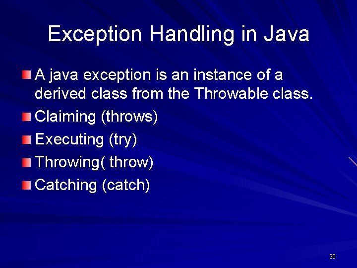 Exception Handling in Java A java exception is an instance of a derived class