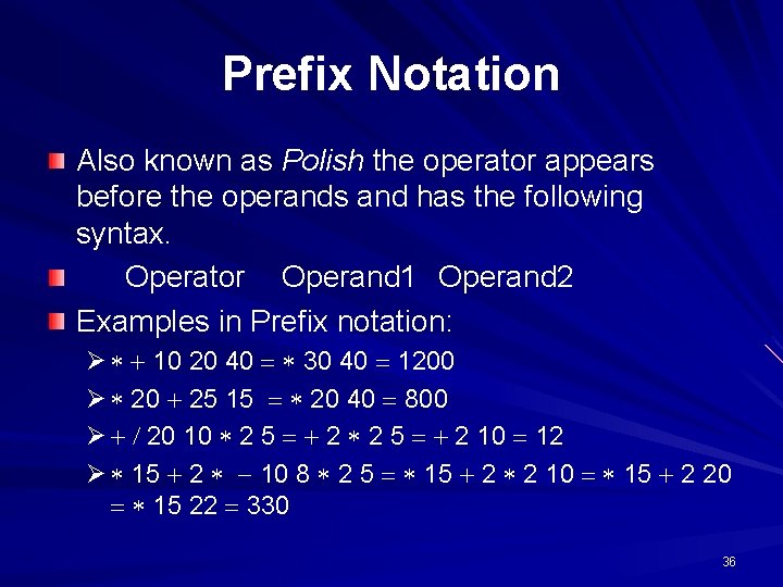 Prefix Notation Also known as Polish the operator appears before the operands and has