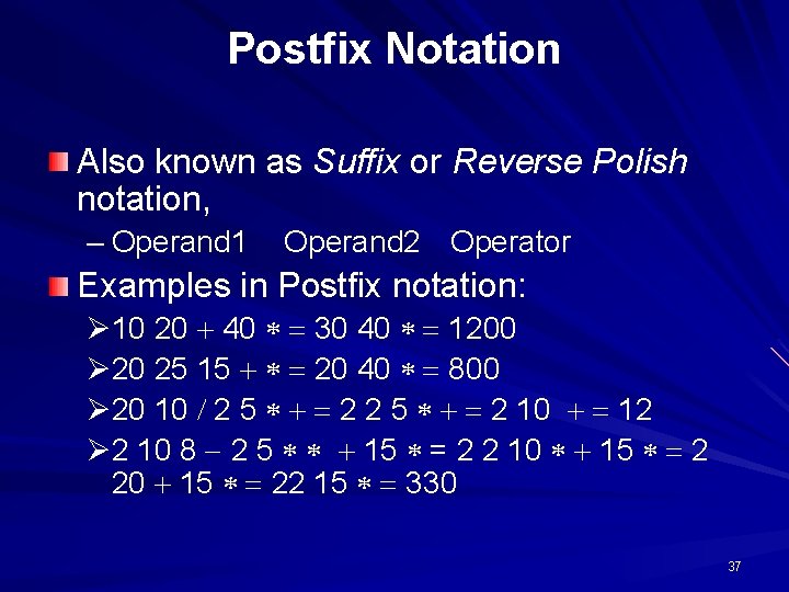 Postfix Notation Also known as Suffix or Reverse Polish notation, – Operand 1 Operand
