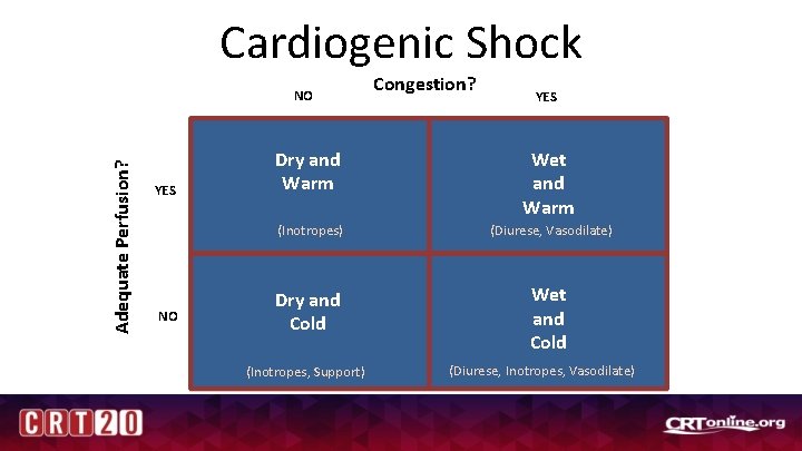 Cardiogenic Shock Adequate Perfusion? NO YES NO Congestion? YES Dry and Warm Wet and