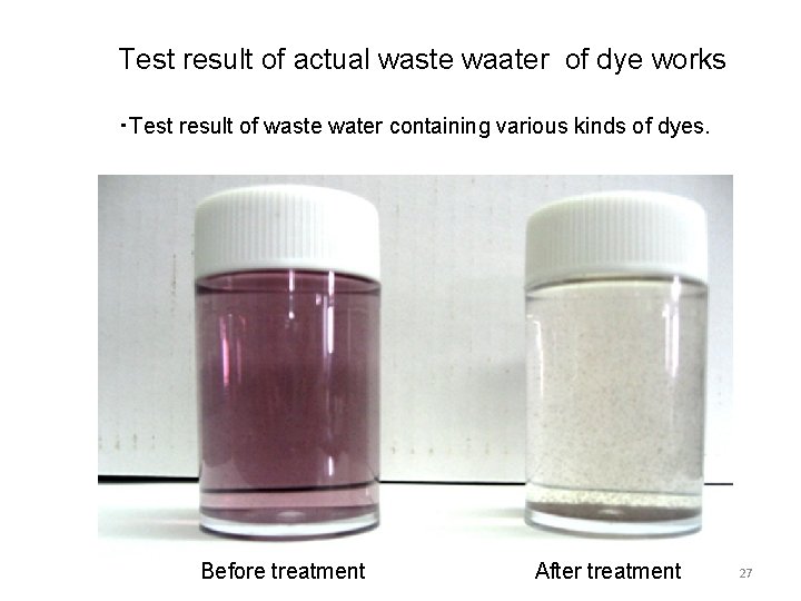 Test result of actual waste waater of dye works ・Test result of waste water
