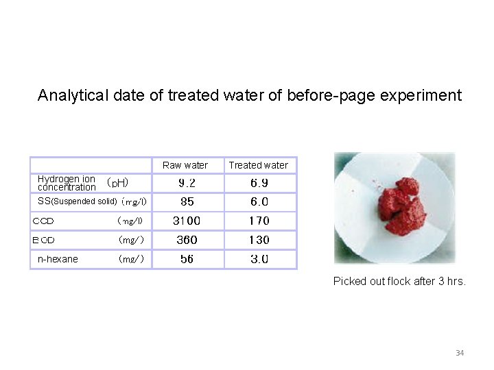 Analytical date of treated water of before-page experiment Raw water Treated water Hydrogen ion