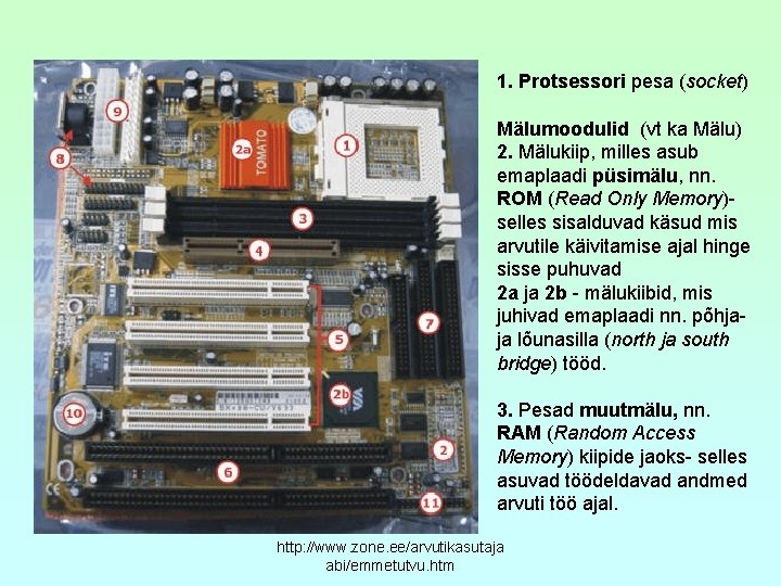 1. Protsessori pesa (socket) Mälumoodulid (vt ka Mälu) 2. Mälukiip, milles asub emaplaadi püsimälu,