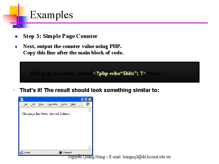 Examples n n Step 3: Simple Page Counter Next, output the counter value using