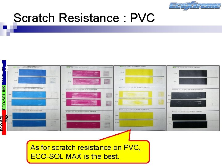 ECO-SOL MAX ECO-SOL INK Eco. Xtreme Ink Scratch Resistance : PVC As for scratch