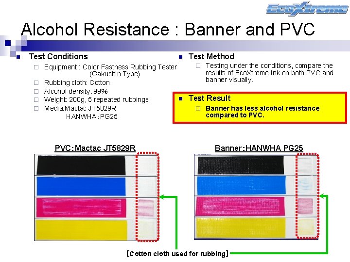Alcohol Resistance : Banner and PVC n Test Conditions ¨ ¨ ¨ n Test
