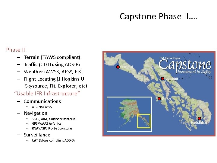 Capstone Phase II…. Phase II – – Terrain (TAWS compliant) Traffic (CDTI using ADS-B)