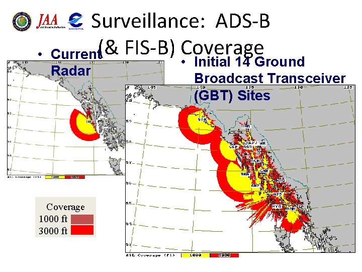  • Surveillance: ADS-B Current(& FIS-B) Coverage Radar Coverage 1000 ft 3000 ft •