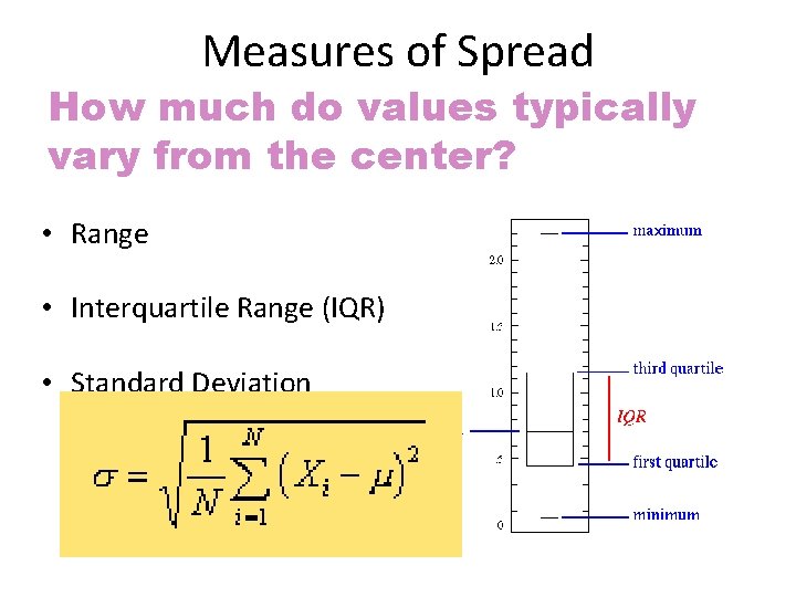 Measures of Spread How much do values typically vary from the center? • Range