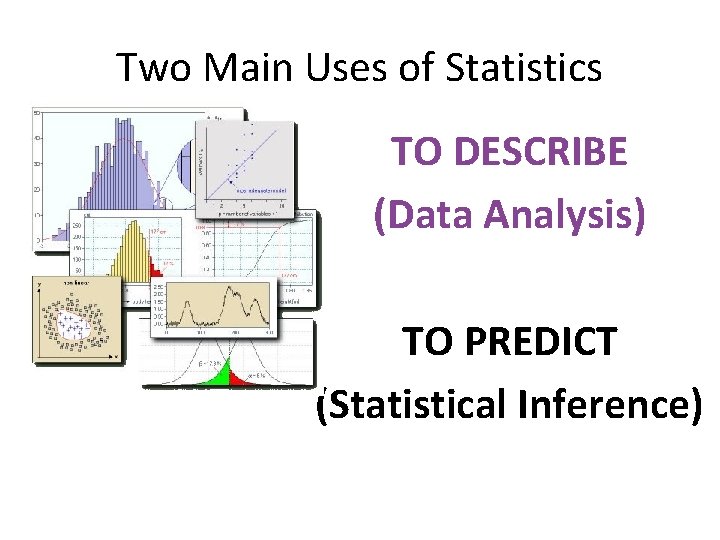 Two Main Uses of Statistics TO DESCRIBE (Data Analysis) TO PREDICT (Statistical Inference) 