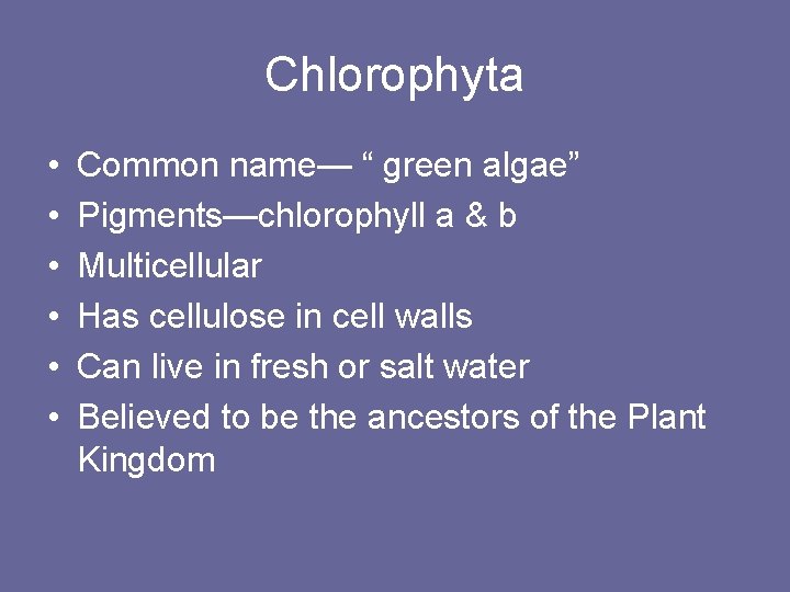 Chlorophyta • • • Common name— “ green algae” Pigments—chlorophyll a & b Multicellular