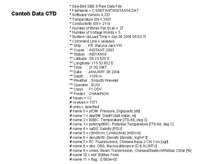 Contoh Data CTD * Sea-Bird SBE 9 Raw Data File: * File. Name =