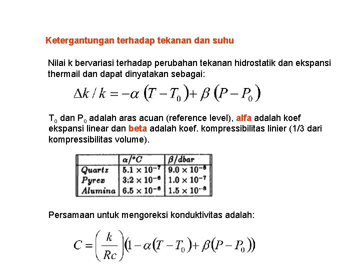 Ketergantungan terhadap tekanan dan suhu Nilai k bervariasi terhadap perubahan tekanan hidrostatik dan ekspansi