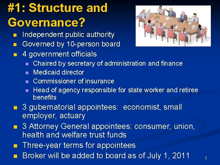 #1: Structure and Governance? n n n Independent public authority Governed by 10 -person