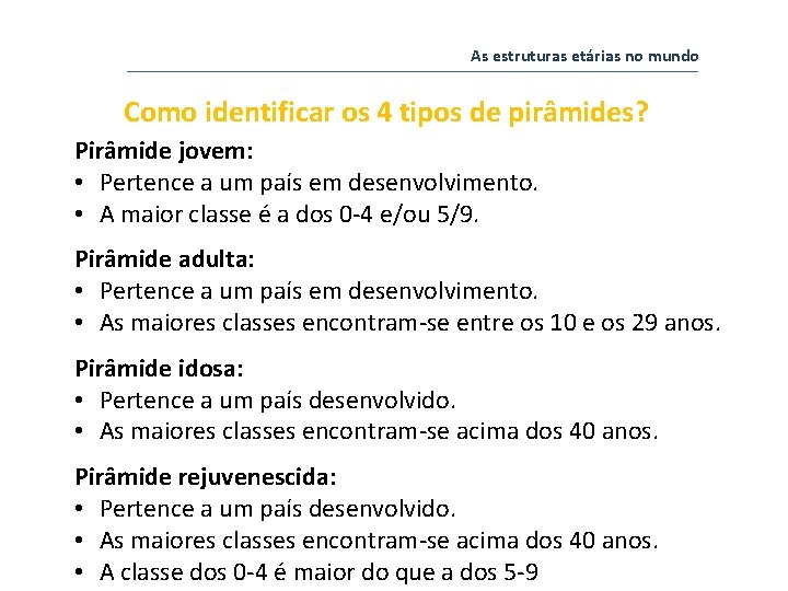 As estruturas etárias no mundo Como identificar os 4 tipos de pirâmides? Pirâmide jovem: As estruturas etárias no mundo Como identificar os 4 tipos de pirâmides? Pirâmide jovem: