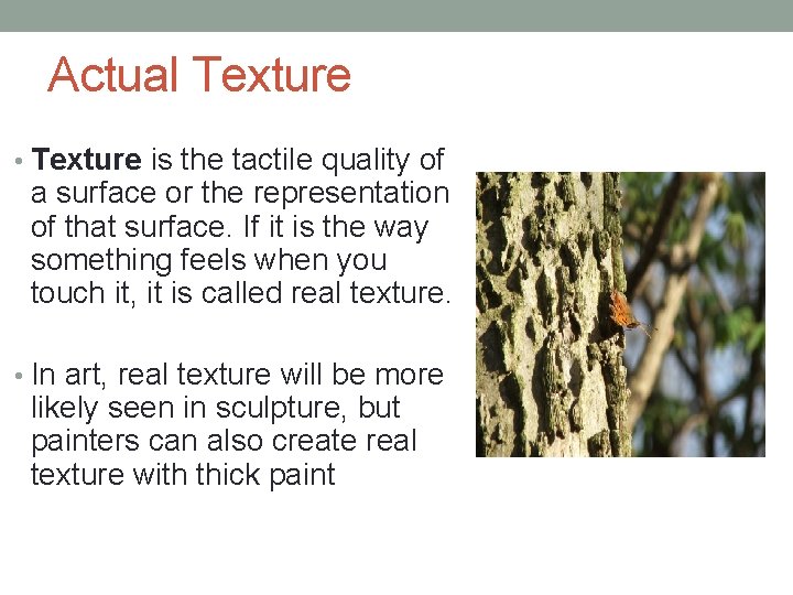 Actual Texture • Texture is the tactile quality of a surface or the representation