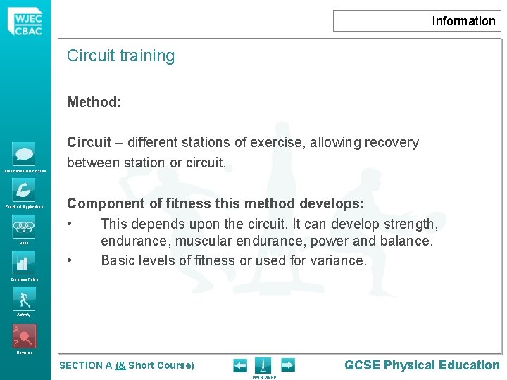 Information Circuit training Method: Information/Discussion Practical Application Links Circuit – different stations of exercise, Information Circuit training Method: Information/Discussion Practical Application Links Circuit – different stations of exercise,