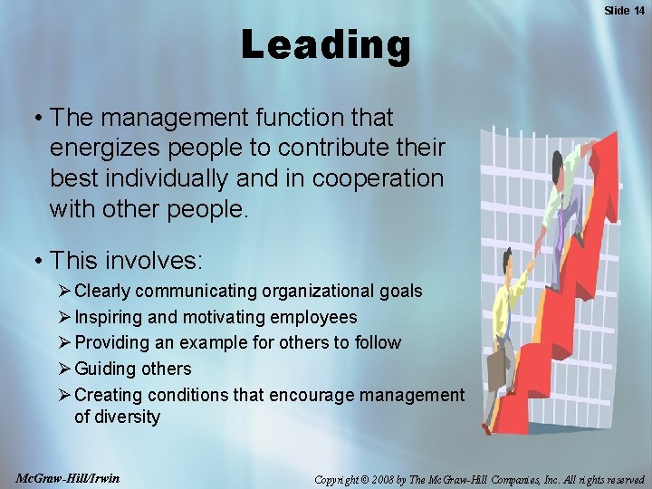 Leading Slide 14 • The management function that energizes people to contribute their best