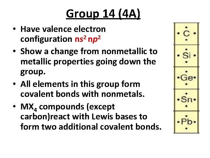 Group 14 (4 A) • Have valence electron configuration ns 2 np 2 •