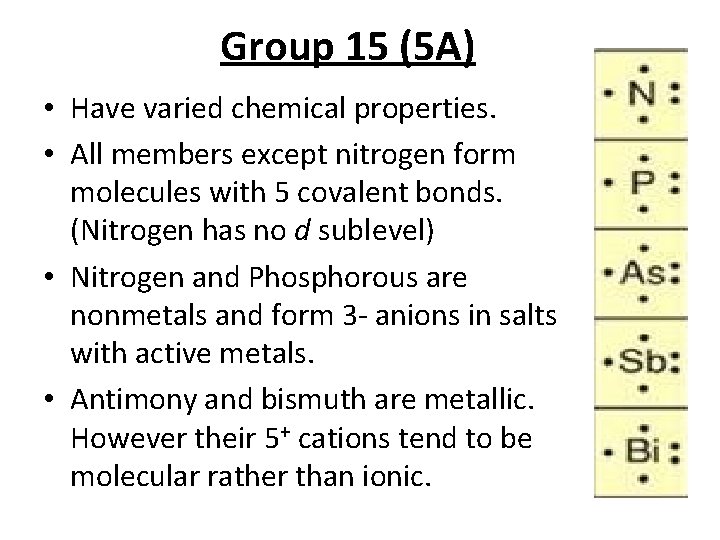 Group 15 (5 A) • Have varied chemical properties. • All members except nitrogen