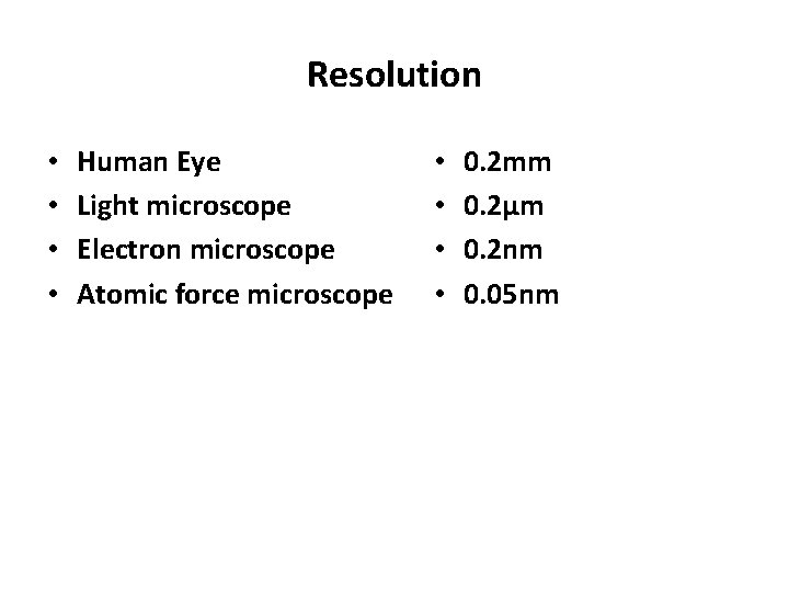 Resolution • • Human Eye Light microscope Electron microscope Atomic force microscope • •