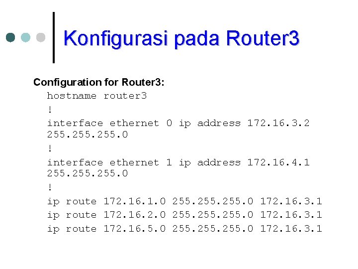 Konfigurasi pada Router 3 Configuration for Router 3: hostname router 3 ! interface ethernet