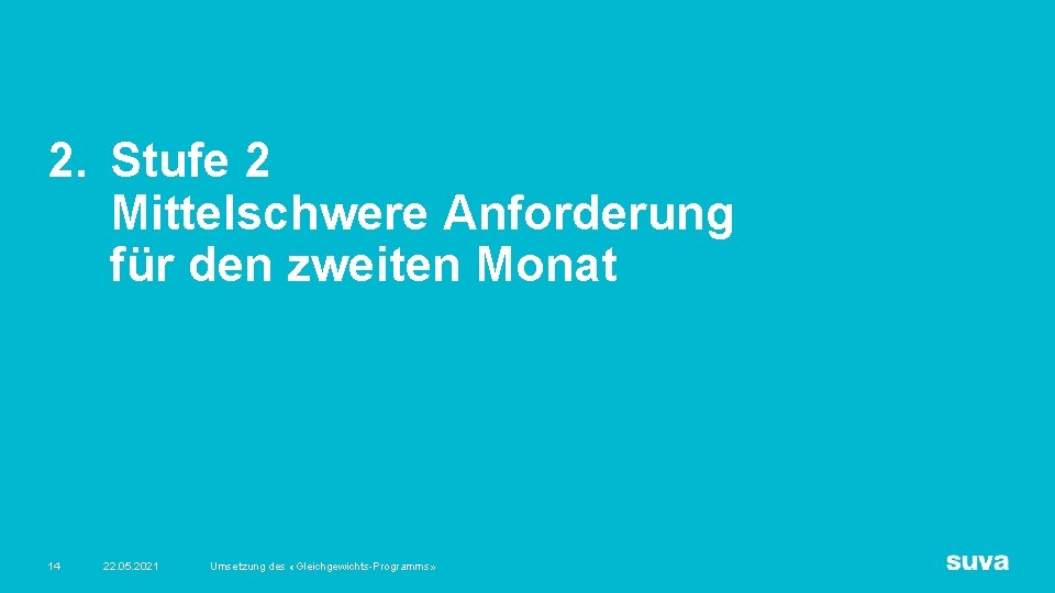 2. Stufe 2 Mittelschwere Anforderung für den zweiten Monat 14 22. 05. 2021 Umsetzung 2. Stufe 2 Mittelschwere Anforderung für den zweiten Monat 14 22. 05. 2021 Umsetzung