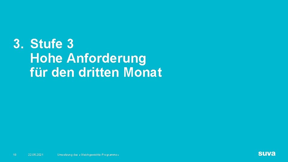 3. Stufe 3 Hohe Anforderung für den dritten Monat 18 22. 05. 2021 Umsetzung 3. Stufe 3 Hohe Anforderung für den dritten Monat 18 22. 05. 2021 Umsetzung