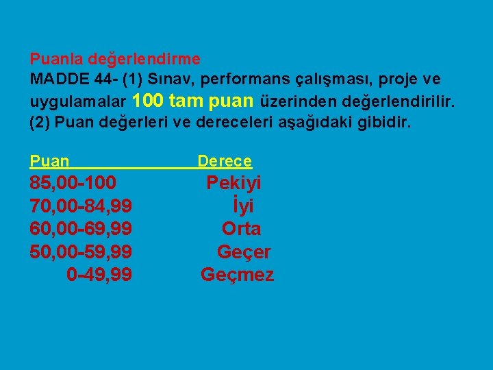 Puanla değerlendirme MADDE 44 - (1) Sınav, performans çalışması, proje ve uygulamalar 100 tam