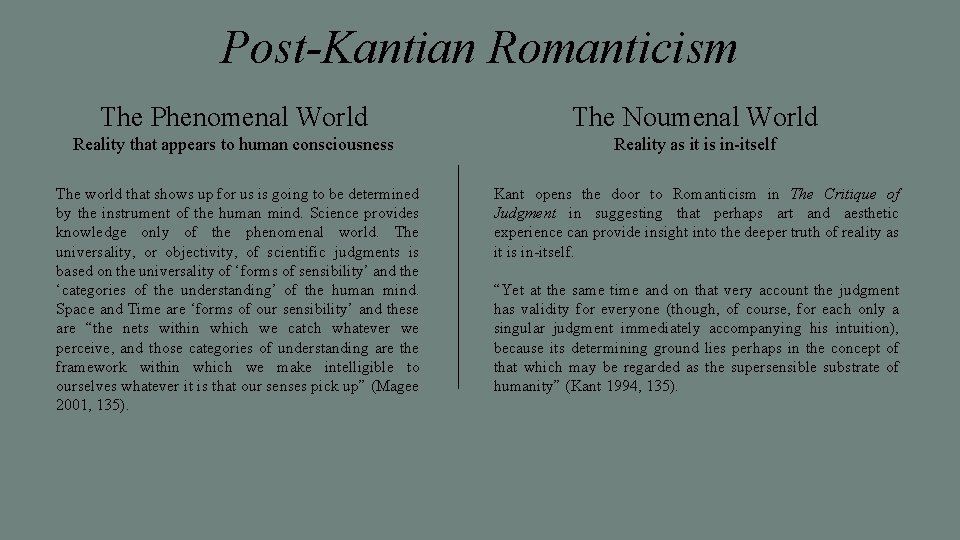 Post-Kantian Romanticism The Phenomenal World The Noumenal World Reality that appears to human consciousness