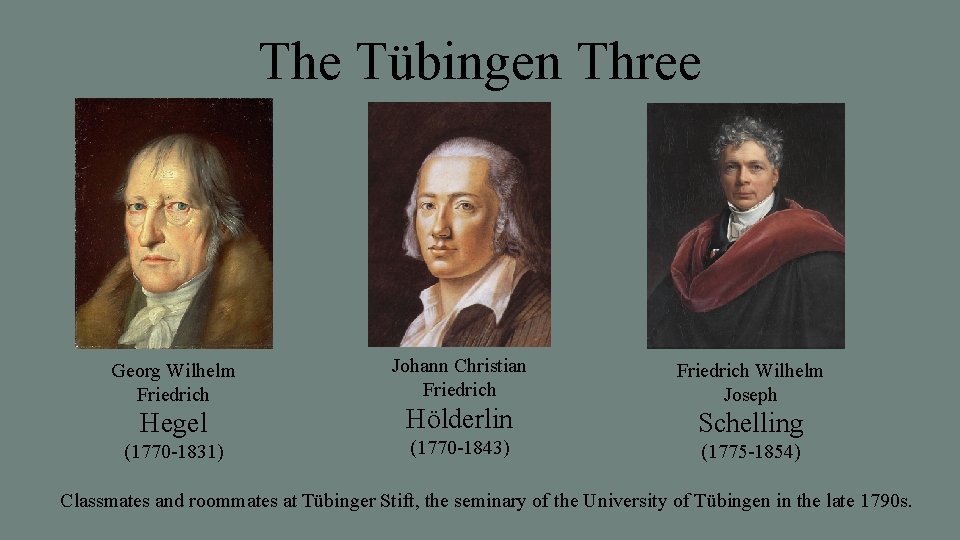 The Tübingen Three Georg Wilhelm Friedrich Hegel (1770 -1831) Johann Christian Friedrich Hölderlin (1770