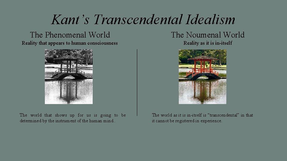 Kant’s Transcendental Idealism The Phenomenal World The Noumenal World Reality that appears to human