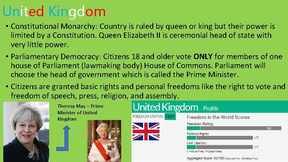 United Kingdom • Constitutional Monarchy: Country is ruled by queen or king but their