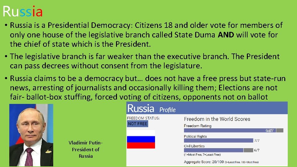 Russia • Russia is a Presidential Democracy: Citizens 18 and older vote for members