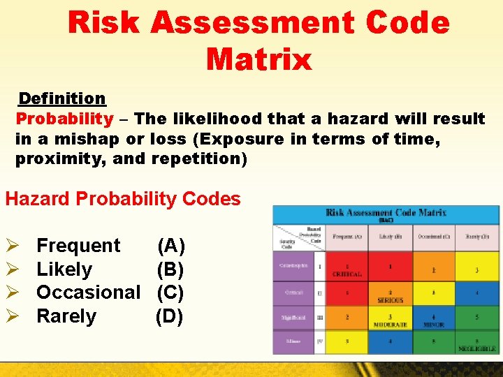Risk Assessment Code Matrix Definition Probability – The likelihood that a hazard will result